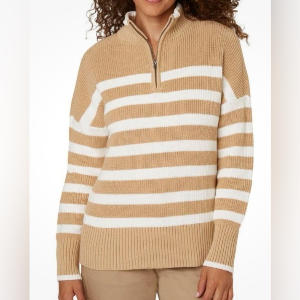 LAND'S END NWT Quarter Zip Striped Sweater Tan White Size XL Chunky Heavyweight